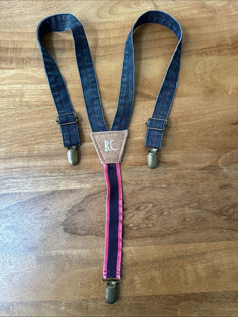 Bobo Choses - Denim Suspenders,  Red Elastic, 3 brass clips, white B.C. Logo